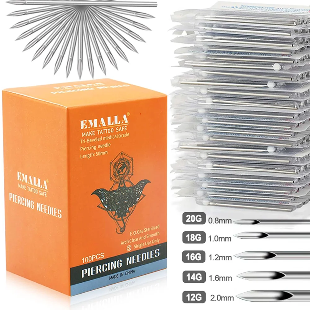 

EMALLA Piercing Needle 200-10PCS Disposable 12G 14G 16G 18G 20G for Navel Nipple Lip Piercing Needles Sterilized Piercier Tools