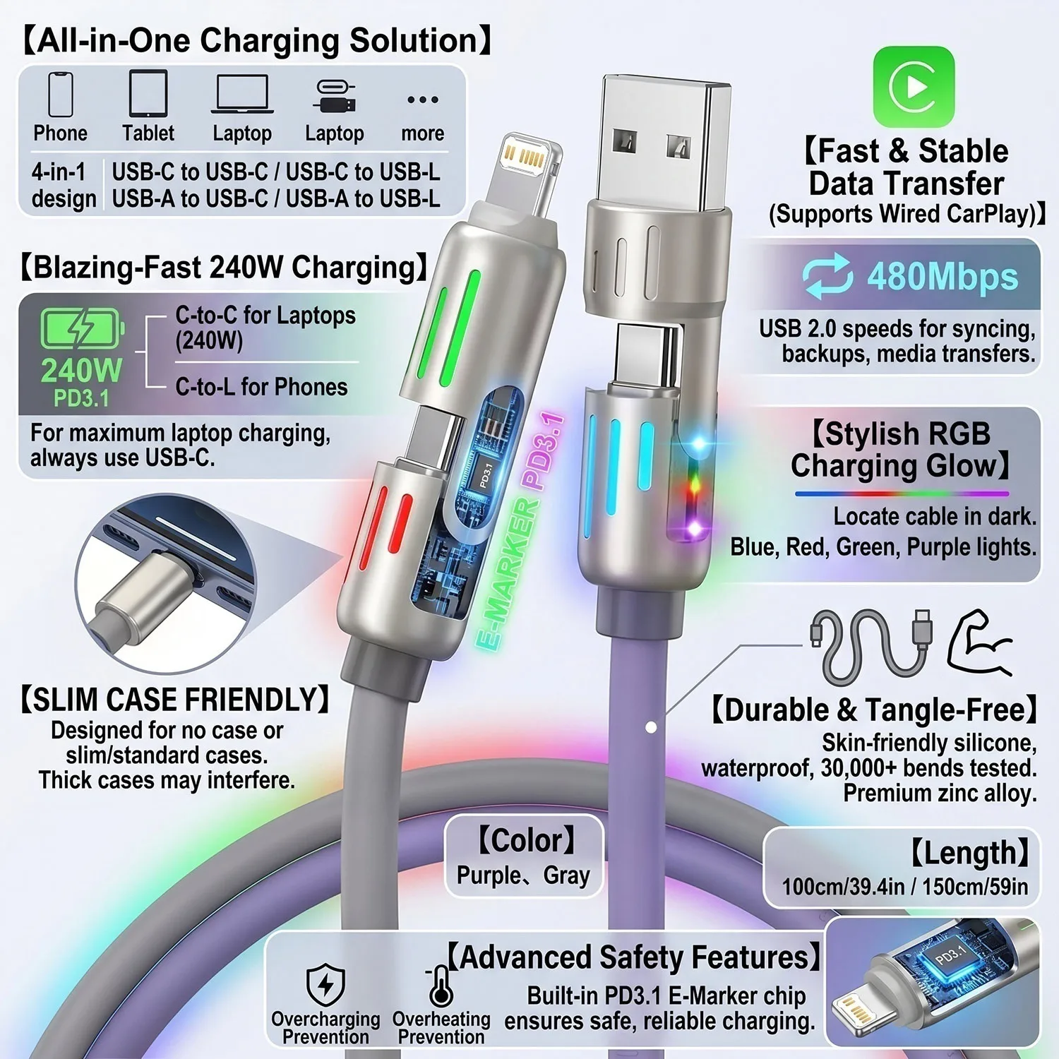 240W 4-in-1 Rotatable Elbow Charging Cable, 1.5m Soft Silicone Multi Connector Cord, USB to Type-C Fast Charge for Cell Phone