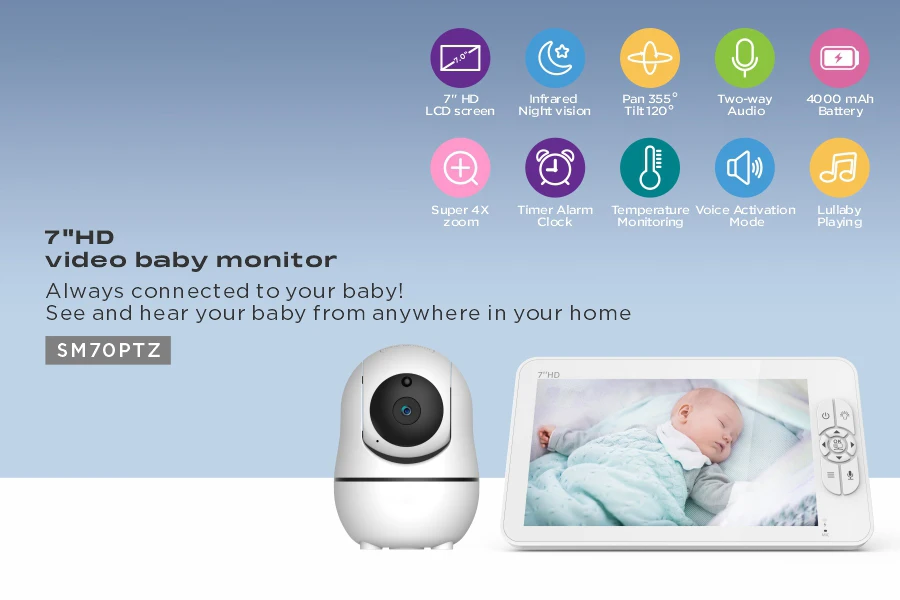 7Inch IPS Screen 1V2 Wireless PTZ Video Baby Monitor Two Way Intercom Feeding Plan Baby Camera