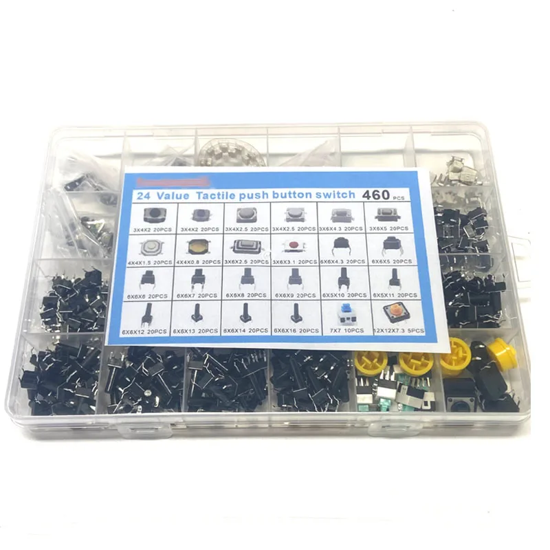 Botão tátil com caixa, chaves remotas, micro interruptor, teclado DIP, travamento automático, conjunto misto, 460pcs