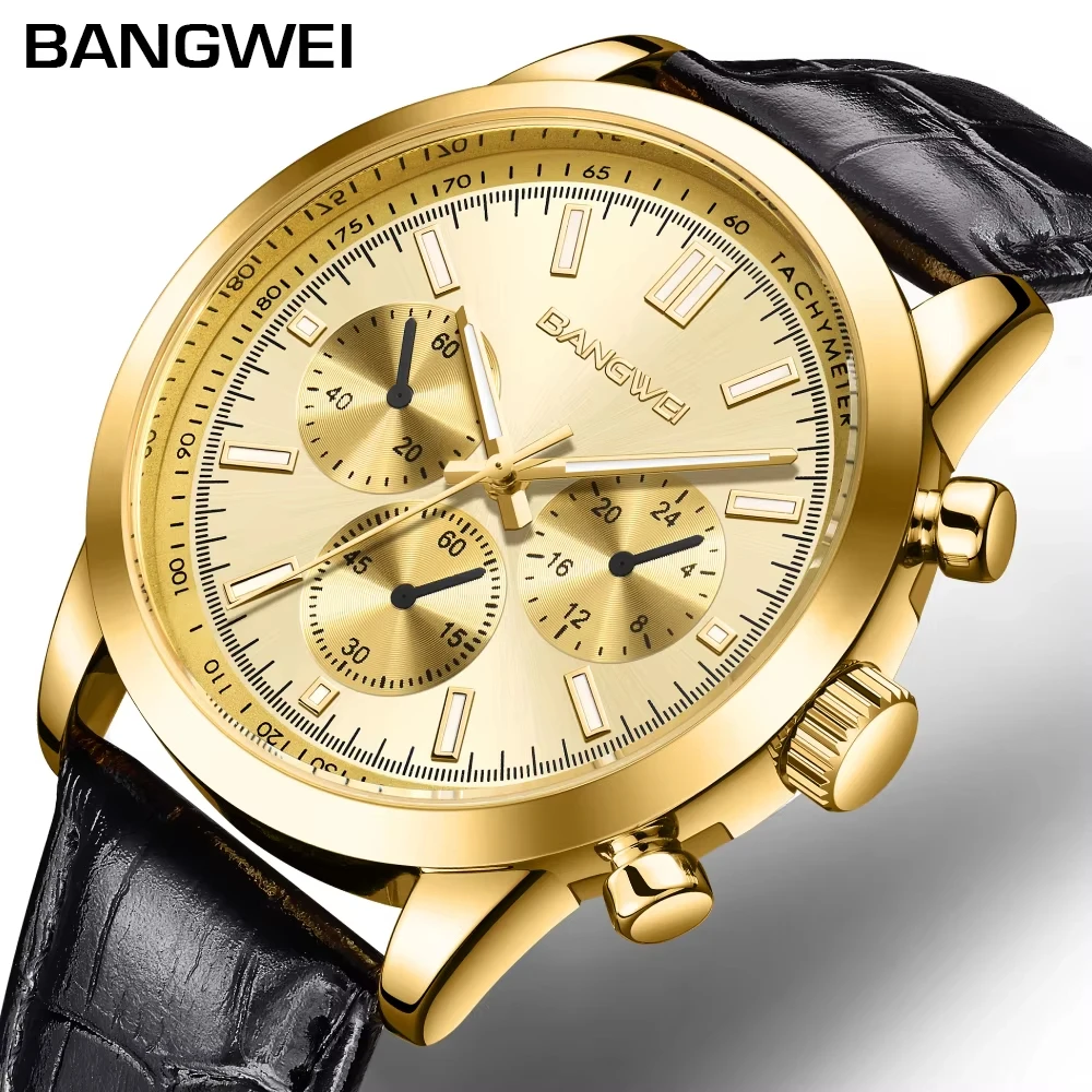 

Часы BANGWEI Golden Quartz, роскошные деловые мужские часы с кожаным ремешком, светящиеся водонепроницаемые повседневные часы для мужчин с подарочной коробкой