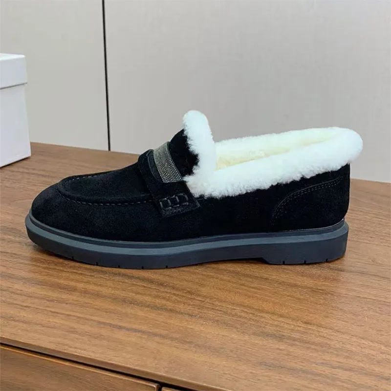 

Classic Round Toe Loafers Women Cow Suede String Bead Comfort Flat Shoes Woman Outdoors Winter Wool Warm Casual Shoes Woman