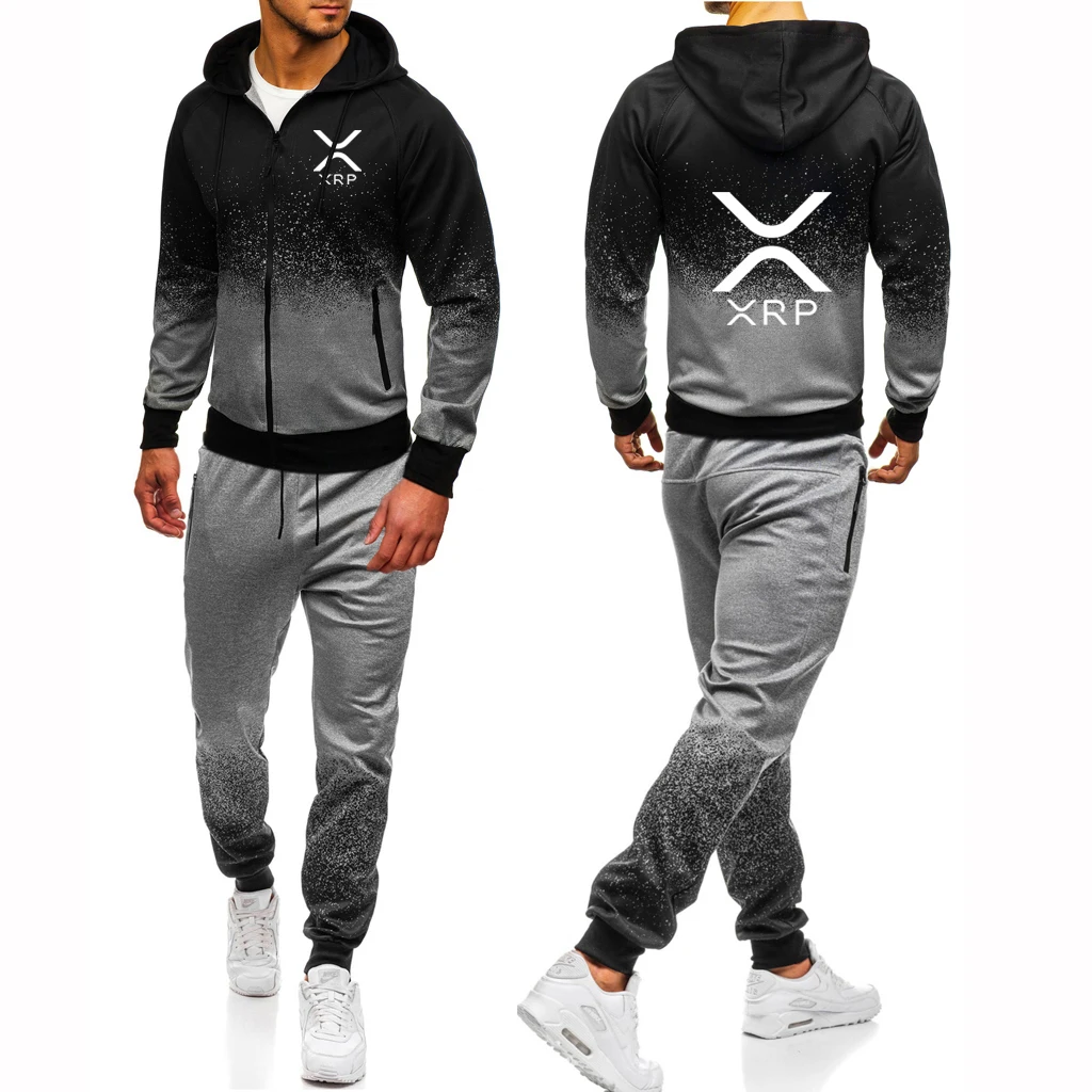 2025 Spring Autumn Men's Cryptocurrency Ripple XRP Logo Print Popular Zip Hooded Jacket+Drawstring Sweatpants Gradient Color Set