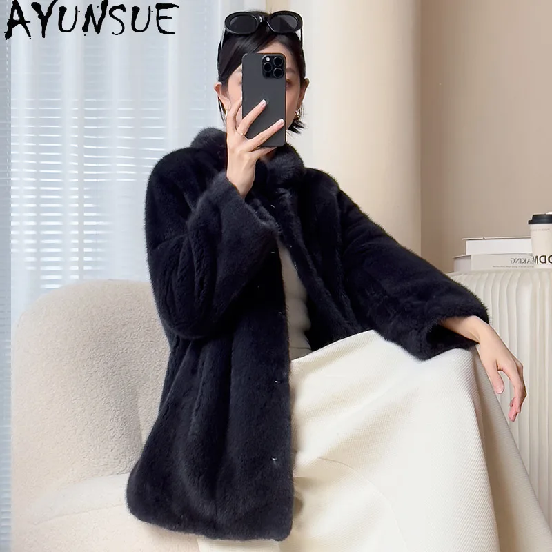 AYUNSUE Naturalny Futro z Norki Damski Stójka Średniej Długości 2025 Zimowy Prawdziwy Futro Damski Odzież Cała Norka Шуба Женская