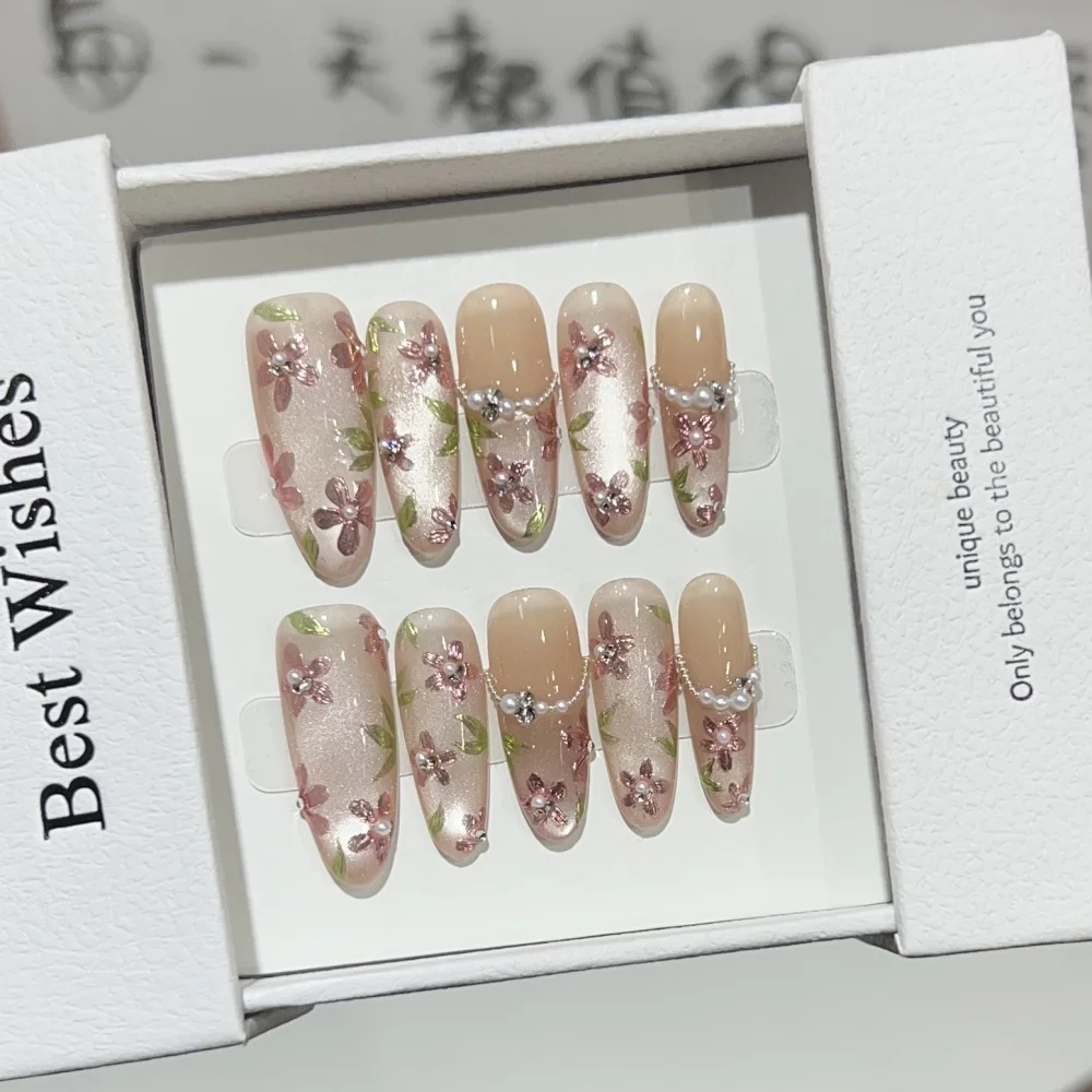 

10pcs Nude Handmade Fake Nails Art Wearable Flower French Almond False Nail Tips with Pearl Design Long Oval Press on Nails Sets