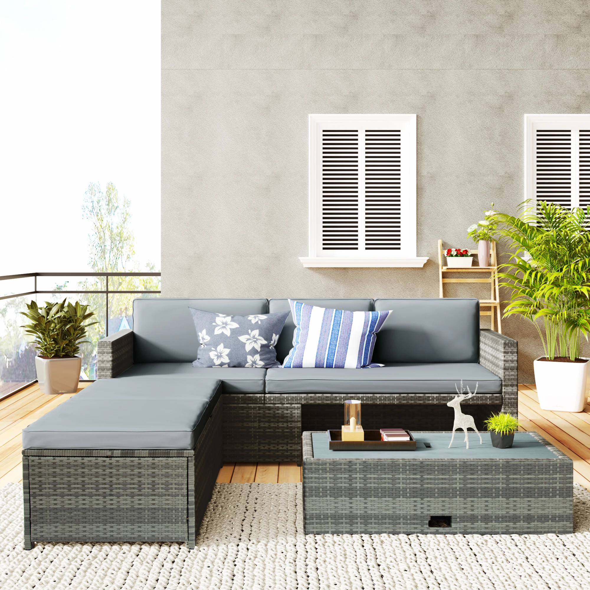 4-Piece Outdoor Backyard Patio Rattan Sofa Set All-weather PE Wicker Sectional Furniture Set W/Retractable Table Gray[US-Stock]