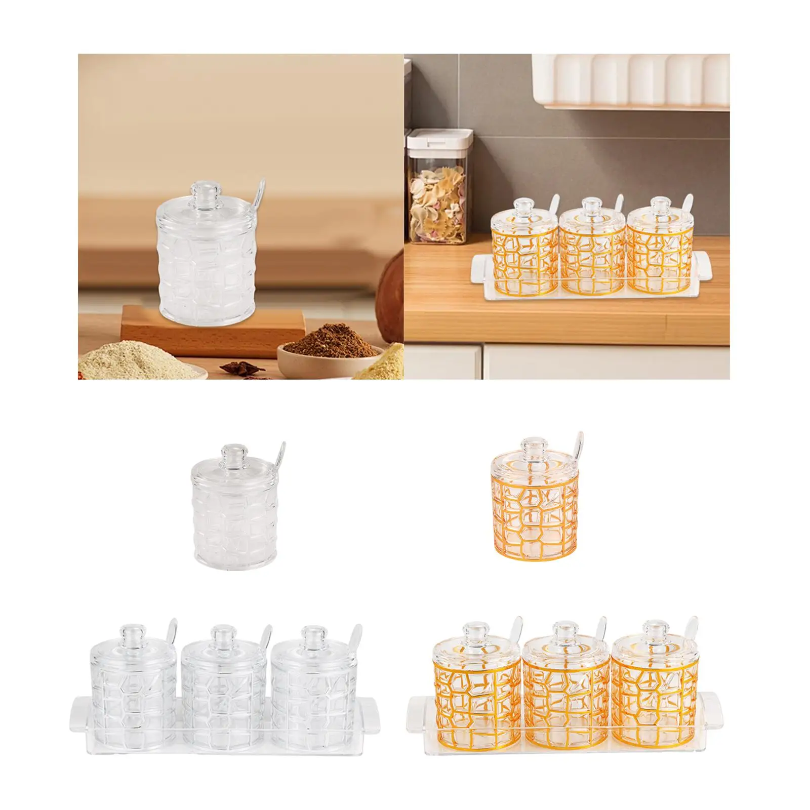 Acrylic Condiment Box Spice Pots Airtight Sugar Container with Spoon Kitchen Organizer for Storing Seasonings