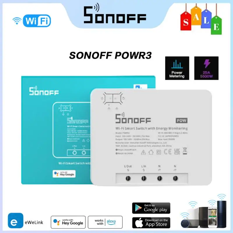 SONOFF POWR3 WiFi Smart DIY Switch 25A 5500W Power Metering Overload Protection Energy Saving EWelink Via APP Alexa Voice Conrol