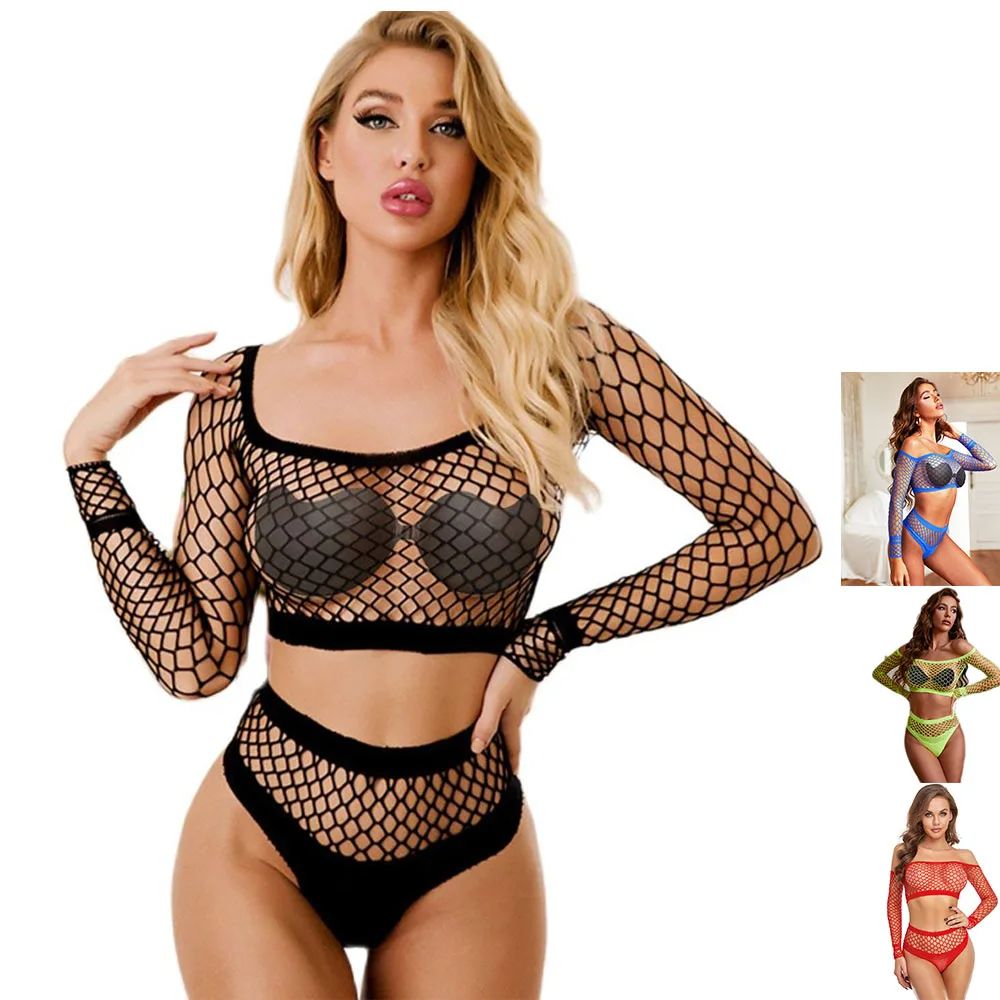 

2Pcs Cup+Panty Fishnet Sleeve Bodystockings Sexy Lingerie Erotic Teddy Fantasy Corset Bodysuits for women Mesh Sheer Babydoll