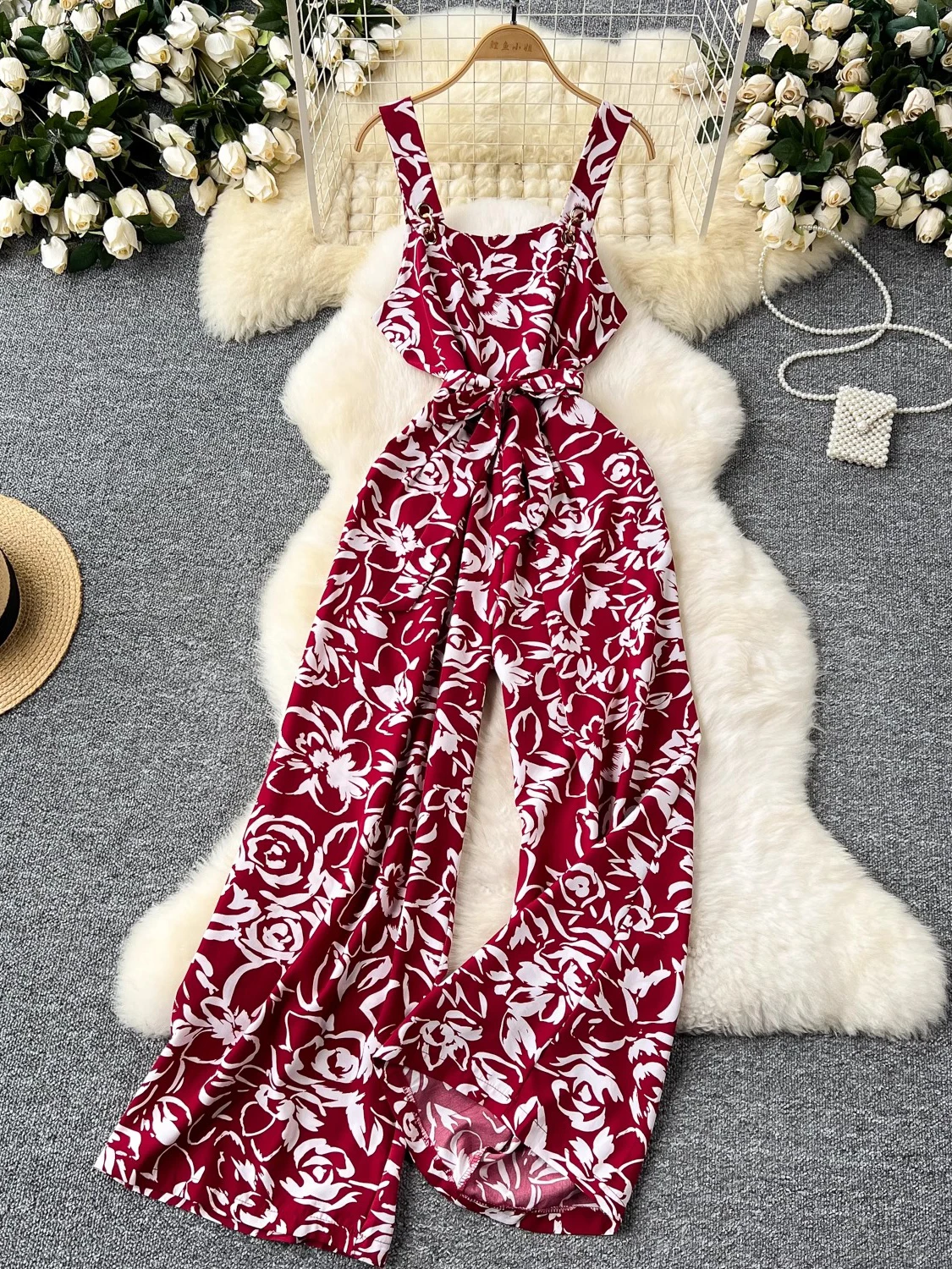 

Summer Casual Women Printed Romper Vintage Spaghetti Strap Sleeveless Jumpsuits Female Elegant Red/Green/Blue/White Clothes New