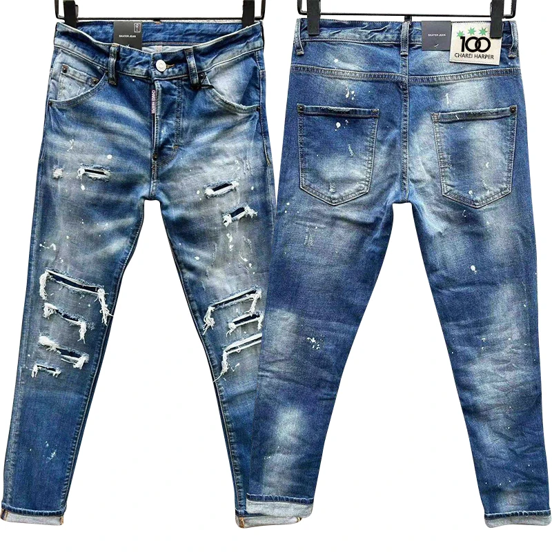 

100 chareiharper c052 Men's jeans Ripped with ink dot stretch cotton slim slim straight leg jeans and trousers