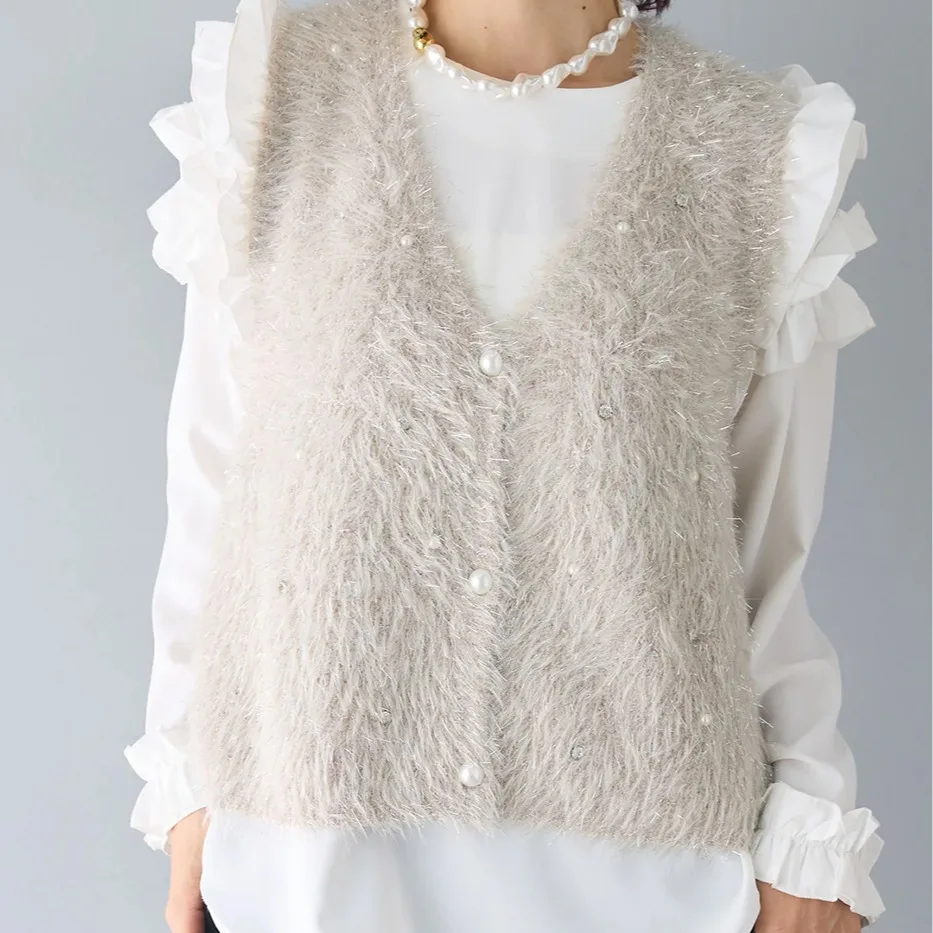 KUSAHIKI New Bead V-neck Sparkling Imitation Mink Hair Waistcoat Fashion Women's Vest