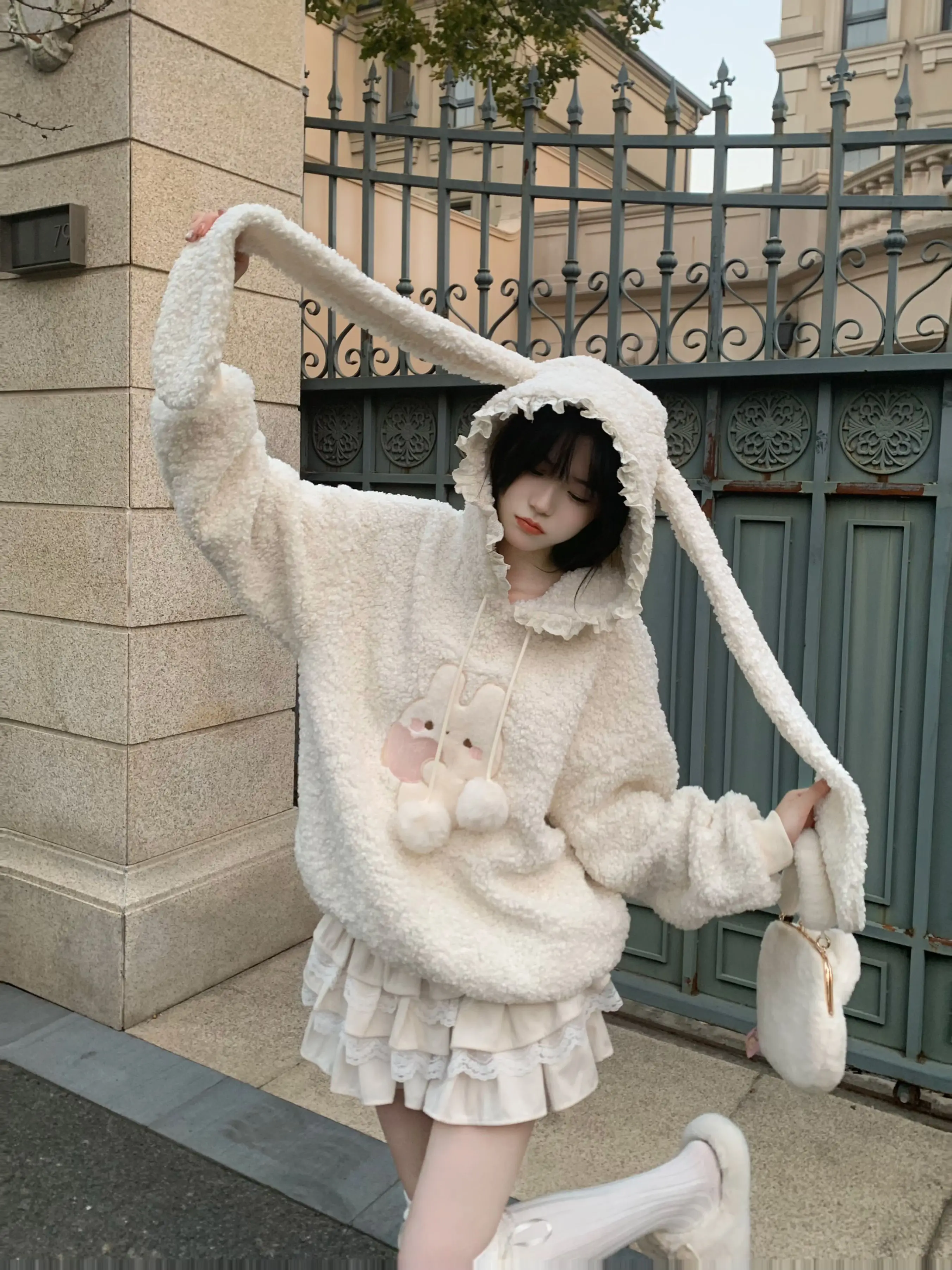 Cute Rabbit Ear Hooded Jacket Women's Lamb Velvet Autumn Winter Japanese Style Sweet Small Size Hoodie Top Delicate Sweatshirt