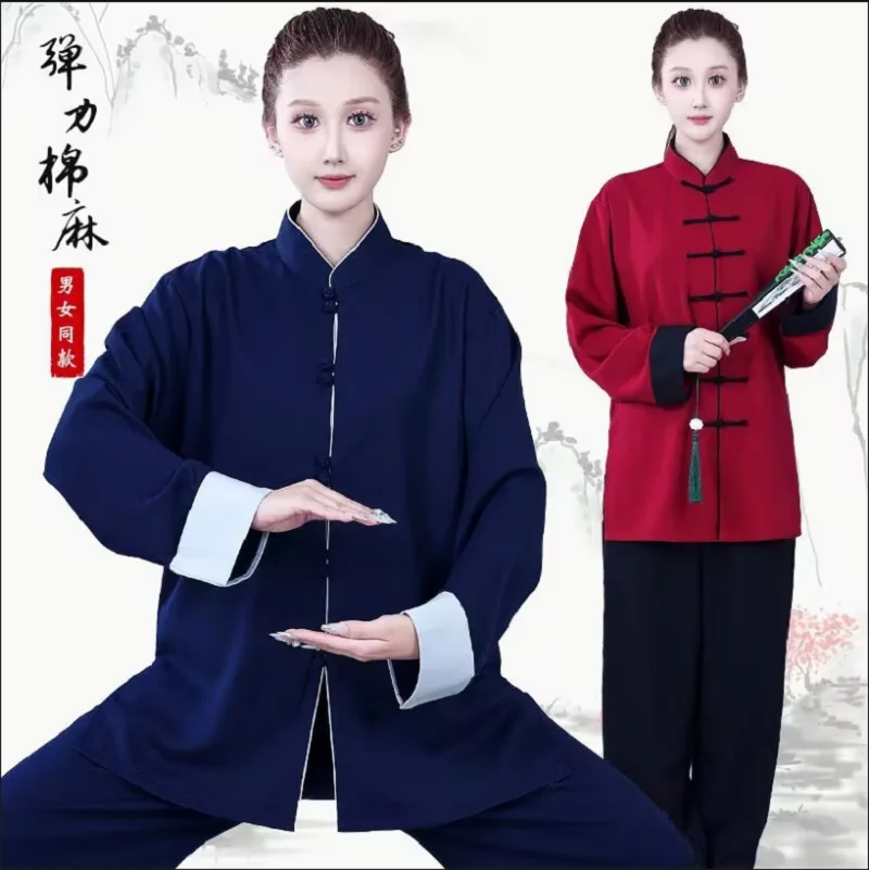 

New Spring Autumn Chinese Style Men Women's Kung Fu Martial Arts Sport Suit High Quality Cotton Linen Tai Chi Jacket Pants Set