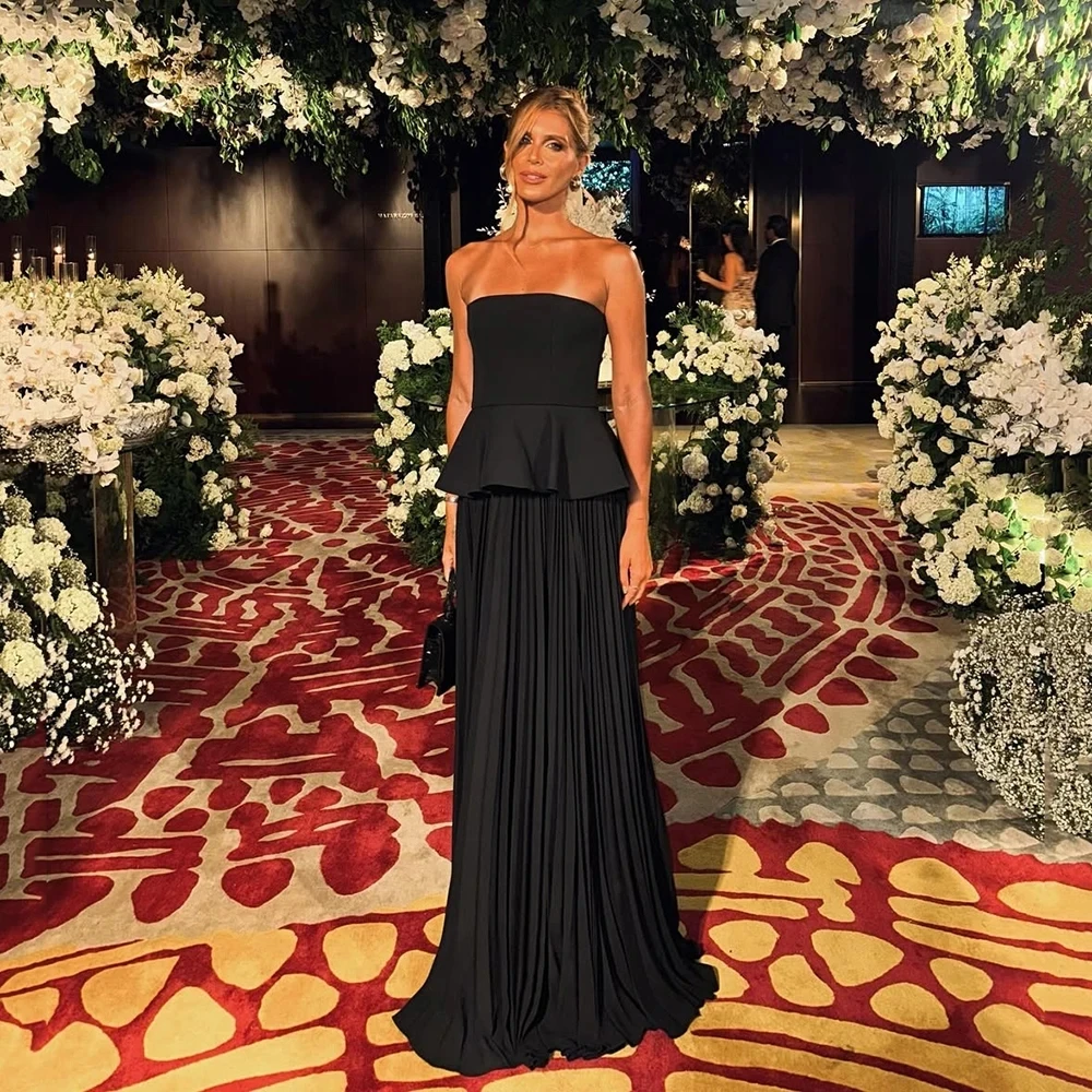 

2025 Black Evening Formal Dress Strapless Pleated Chiffon Floor Length Prom Pageant Party Gowns Robe De Soiree