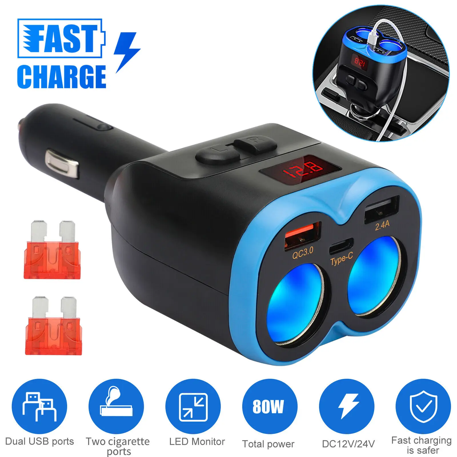 

5in1 Car Cigarette Lighter Socket Splitter 12V-24V Dual USB & PD Charger Adapter