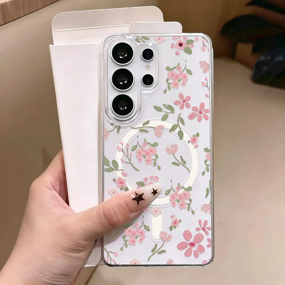 Transparent Flower Phone Case For Samsung A57 S26 Ultra S25 S24 FE S23 A37 A56 A54 A36 A35 Floral Clear Cover For Magsafe Case