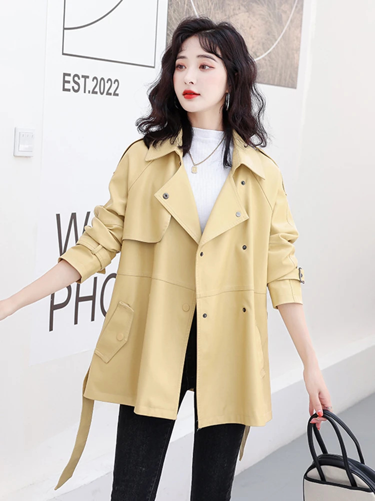 معطف جلد نسائي كاجوال لربيع 2025، سترة جلد الغزال الفضفاضة، مقاس كبير، ملابس خارجية من الجلد الحقيقي، هاينينغ