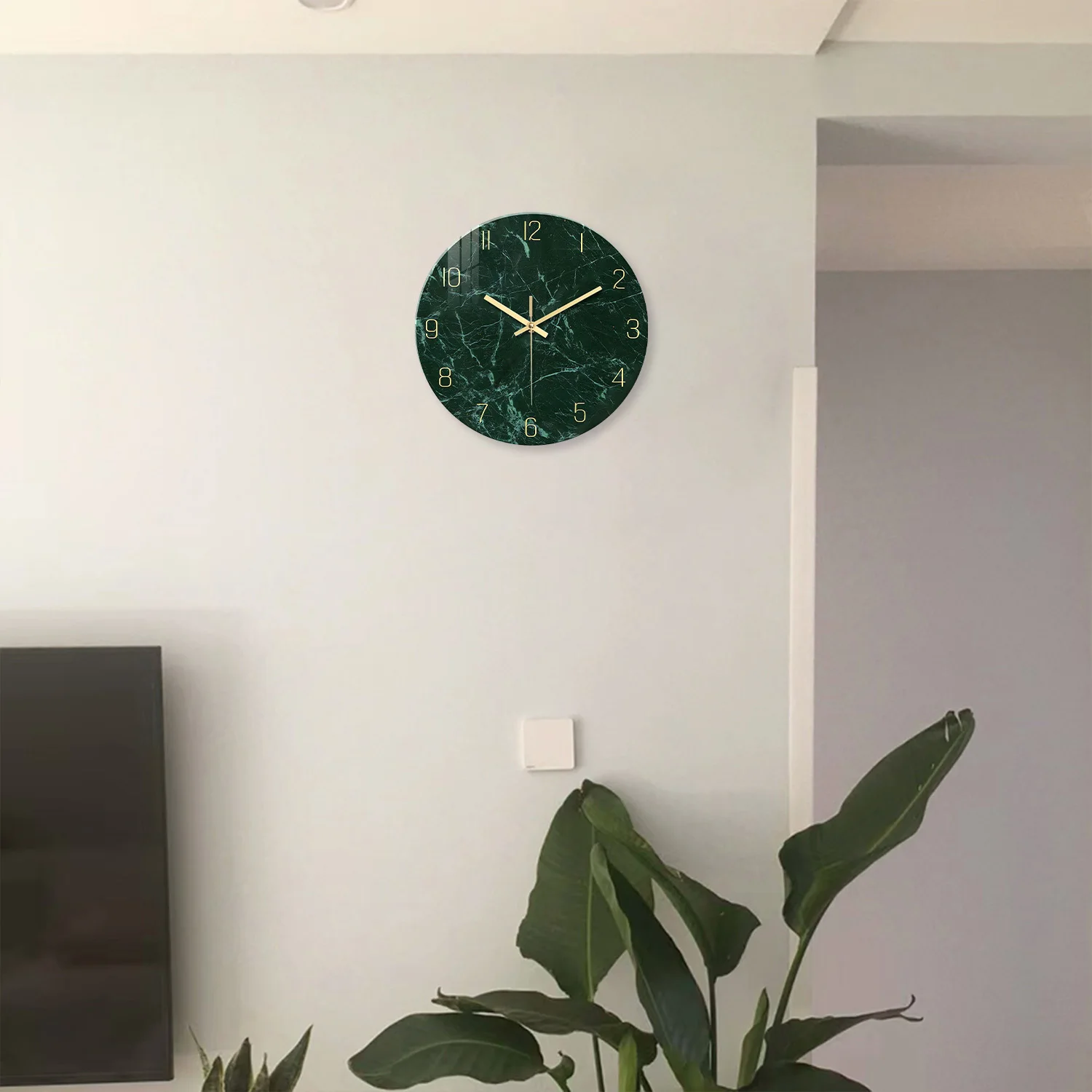 Personalized Dark Green Marble Texture Pattern Tempered Glass Wall Clock Living Room Bedroom Kitchen Home Decoration Wall Clock Silent Quartz Clock Holiday Gift 12 Inches 14 Inches 16inch (Without Batteries)