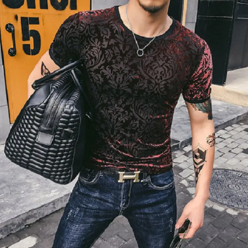 Jacquard Dragon Pattern T Shirt Homme Short Sleeve Men Clothes Summer Slim Quality Velvet Hollow Casual Tees Camisetas De Hombre