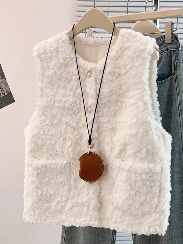 

Женский жилет на подкладке Lamb Velvet Fce Faion ort Svel oulder Pad Теплый топ из смеси хлопка круглый Ne Single Button Cl...