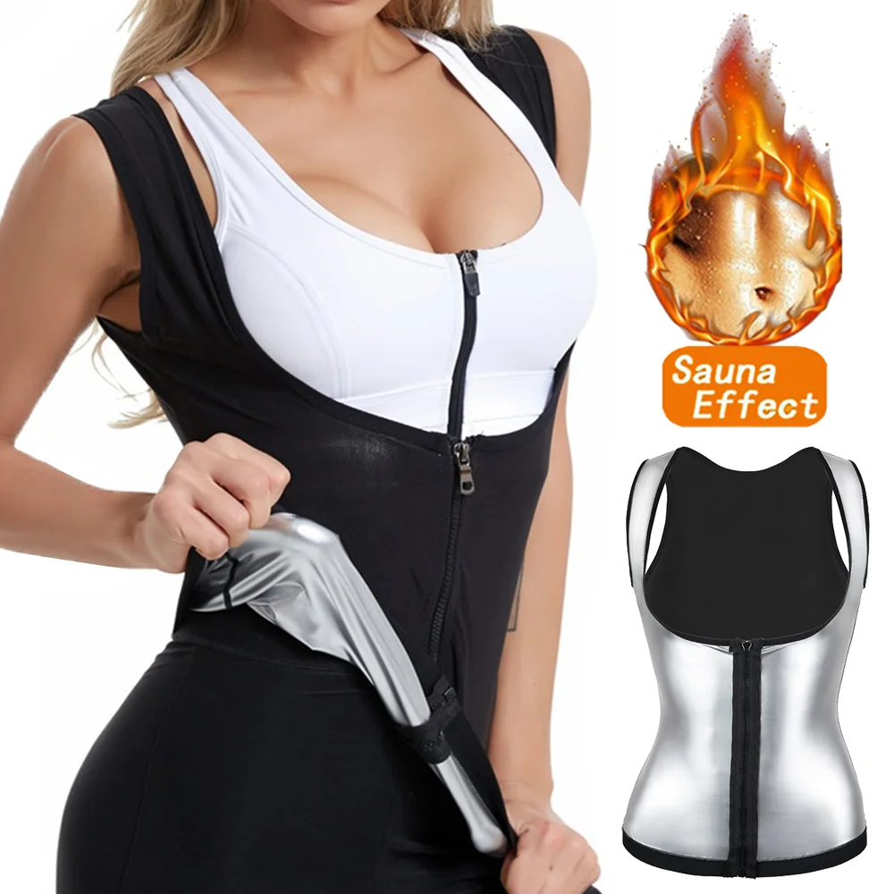 ผู้หญิงซาวน่า Shaper เสื้อกั๊ก Thermo ร้อนเหงื่อ Shapewear เสื้อกระชับสัดส่วนเอวเทรนเนอร์รัดตัวฟิตเนสออกกําลังกาย Zipper Tops