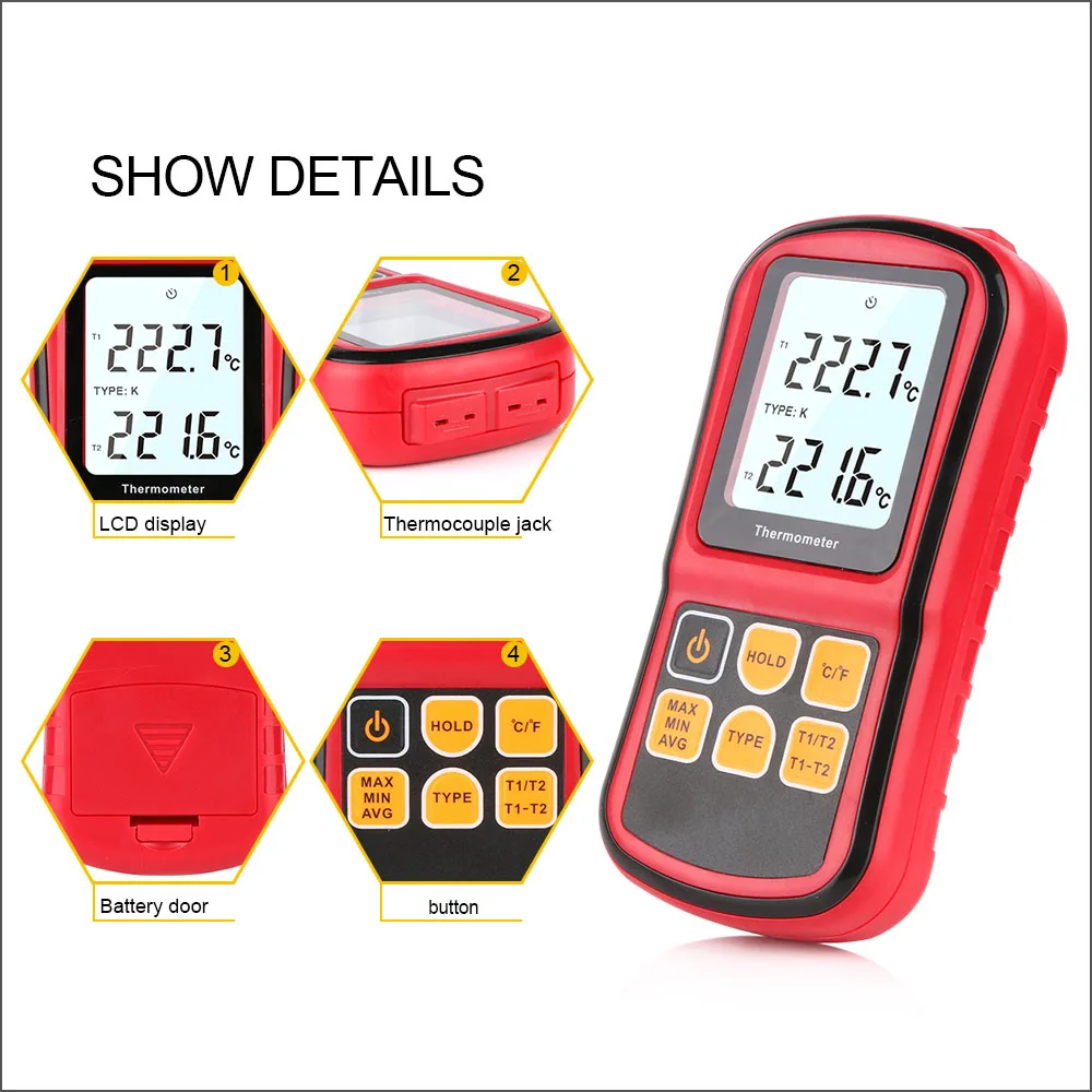 RZ Professional Temperature Meter Digital Measure Tool Handheld Temperature Tester With 2pcs Thermocouple Use For Liquid