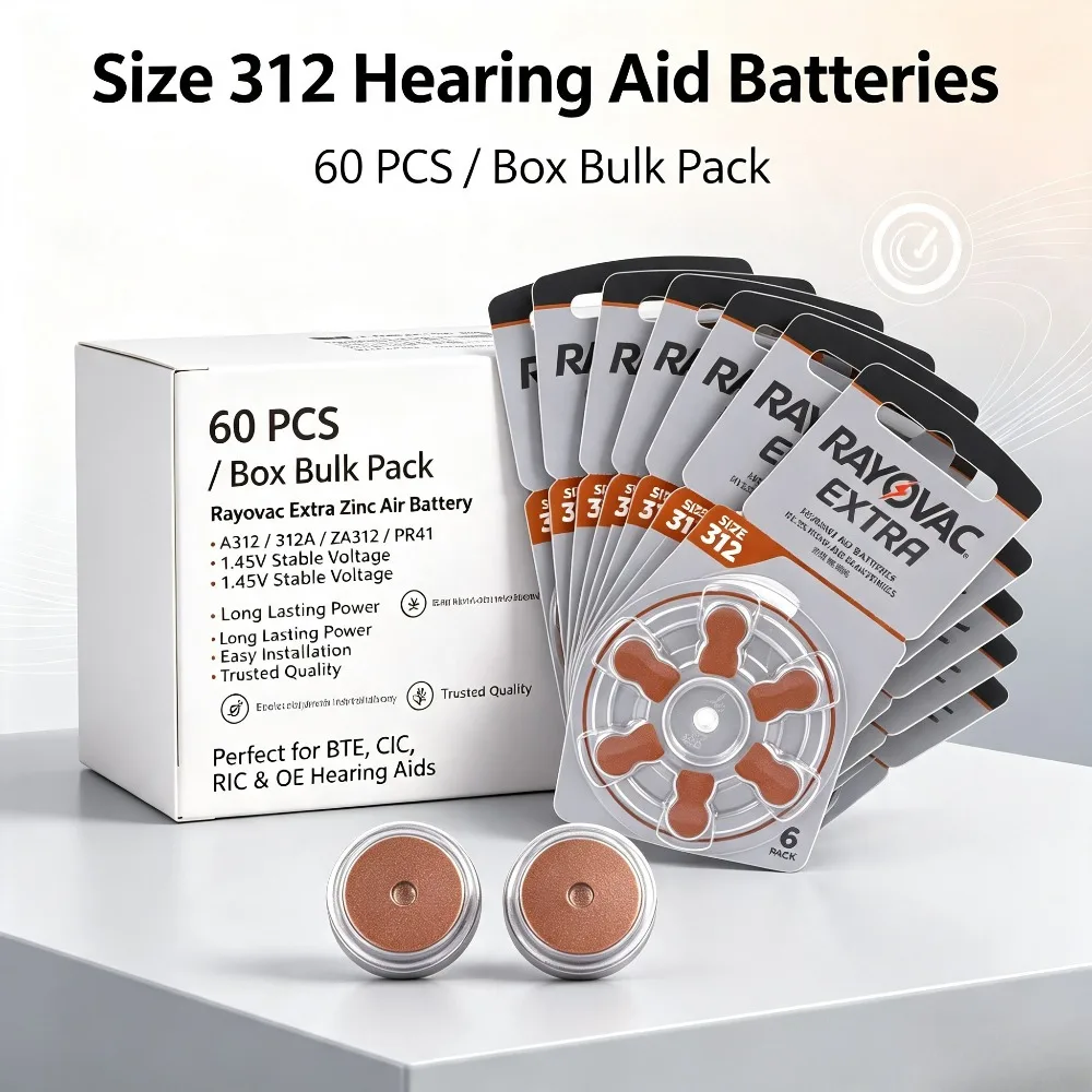 60PCS/10 Cards Rayovac Extra 1.45V 312 A312 312A ZA312 PR41 Zinc Air Hearing Aid Batteries