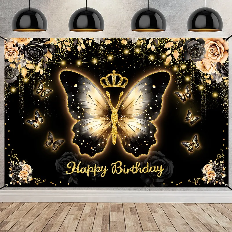 Butterfly Happy Birthday Party Backdrop Black Gold Floral Butterfly Crown Photography Background Girl Women Birthday Party Decor