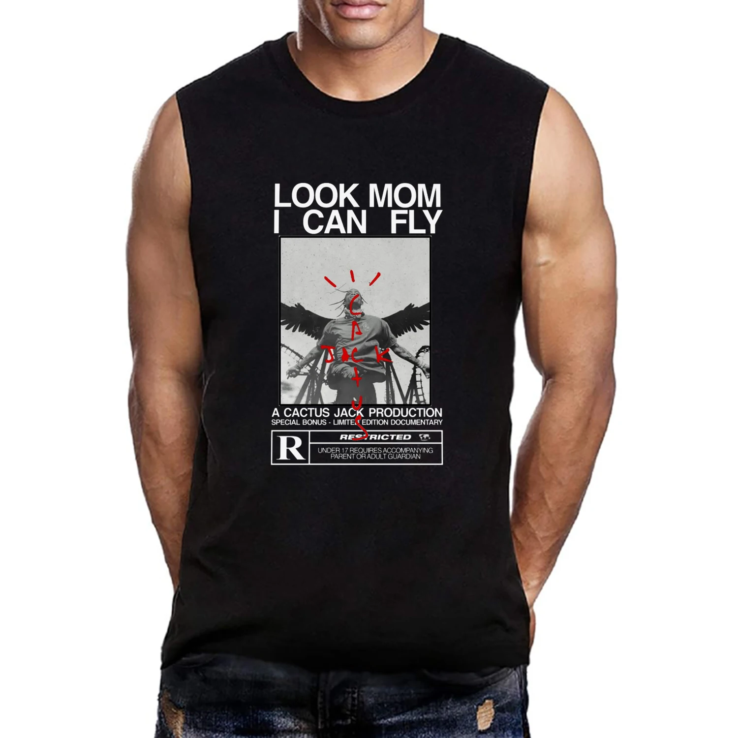 HOT SALE Street Cactus-Jack Sleeveless T-shirt Cotton Summer Men LOOK MOM I CAN FLY Tee ASTROWORLD Hip Hop Tshirts Male Tank TOP