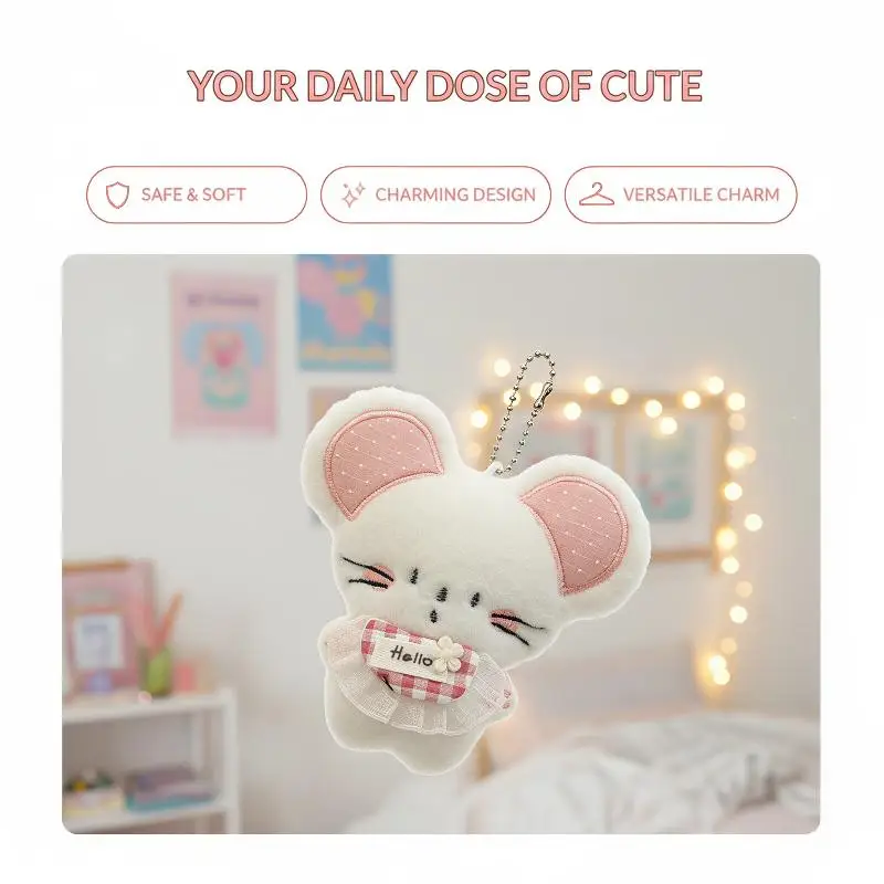 Cute Plush Mouse Doll Keychain Adorable Fluffy Animal Pendant Portable Stuffed Keyring for Teen Bag Accessory