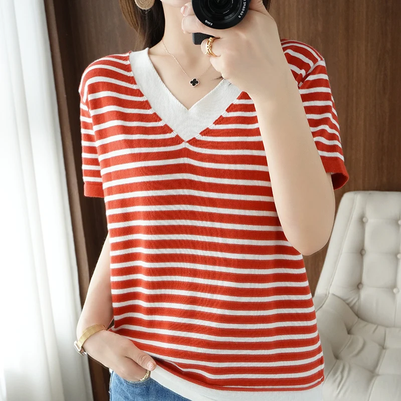 new summer cotton striped short sleeve T shirt women loose  versatile T-shirt Korean version half sleeve V collar bottom shirt