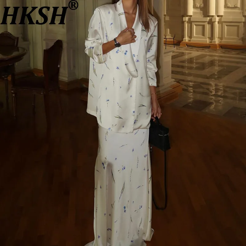 

HKSH весенне-осенний новый женский комплект из двух предметов с отложным воротником и принтом, пальто с длинными рукавами, юбка трапециевидной формы, элитный офисный женский комплект HK14237