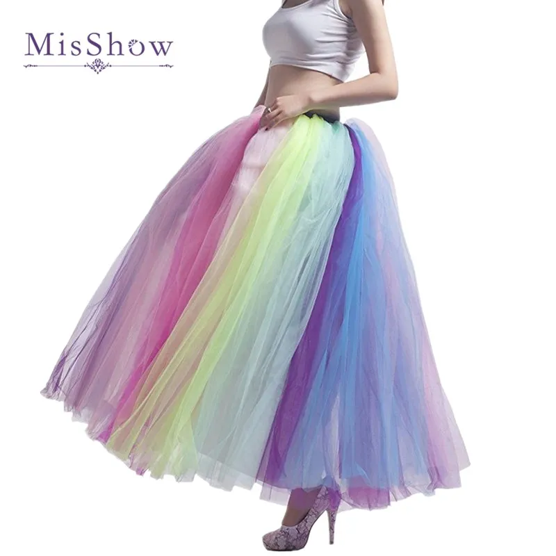 MisShow Miękka spódnica Tutu Rainbow dla kobiet Rainbow Run 6 warstw Elastyczna talia Plisowane spódnice maratońskie Siatkowa sukienka Maxi do Cosplay