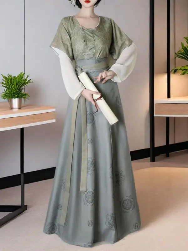 مجموعة جديدة من سلالة تانغ هانفو - مطبوعة بياقة دائرية Beizi + تنورة عالية الخصر مكونة من ثمانية أجزاء على الطراز الصيني زي المرأة البالغة