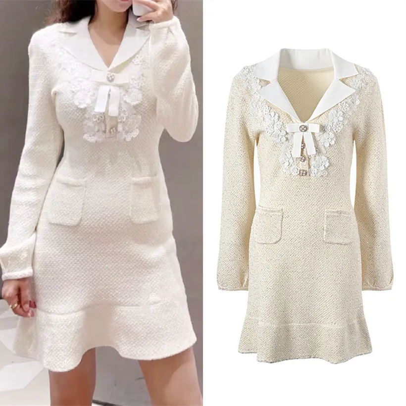 

High-End Version Tianxing Bright Sequin SE Home Ivory Lace Decoration Suit Collar Long Sve Knitted Dr ort Skirt
