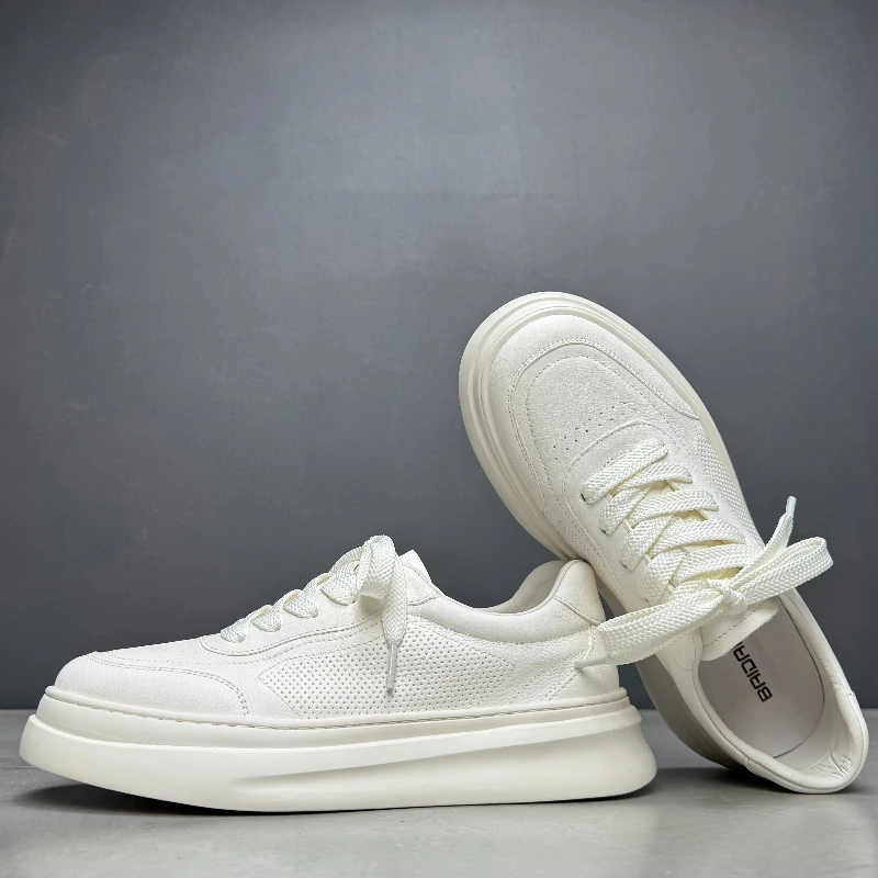 Men's Genuine Leather Breathable Mesh Thick Bottom Thick Bottom Heightening Board Shoes Man Summer Simple White Casual Shoes for