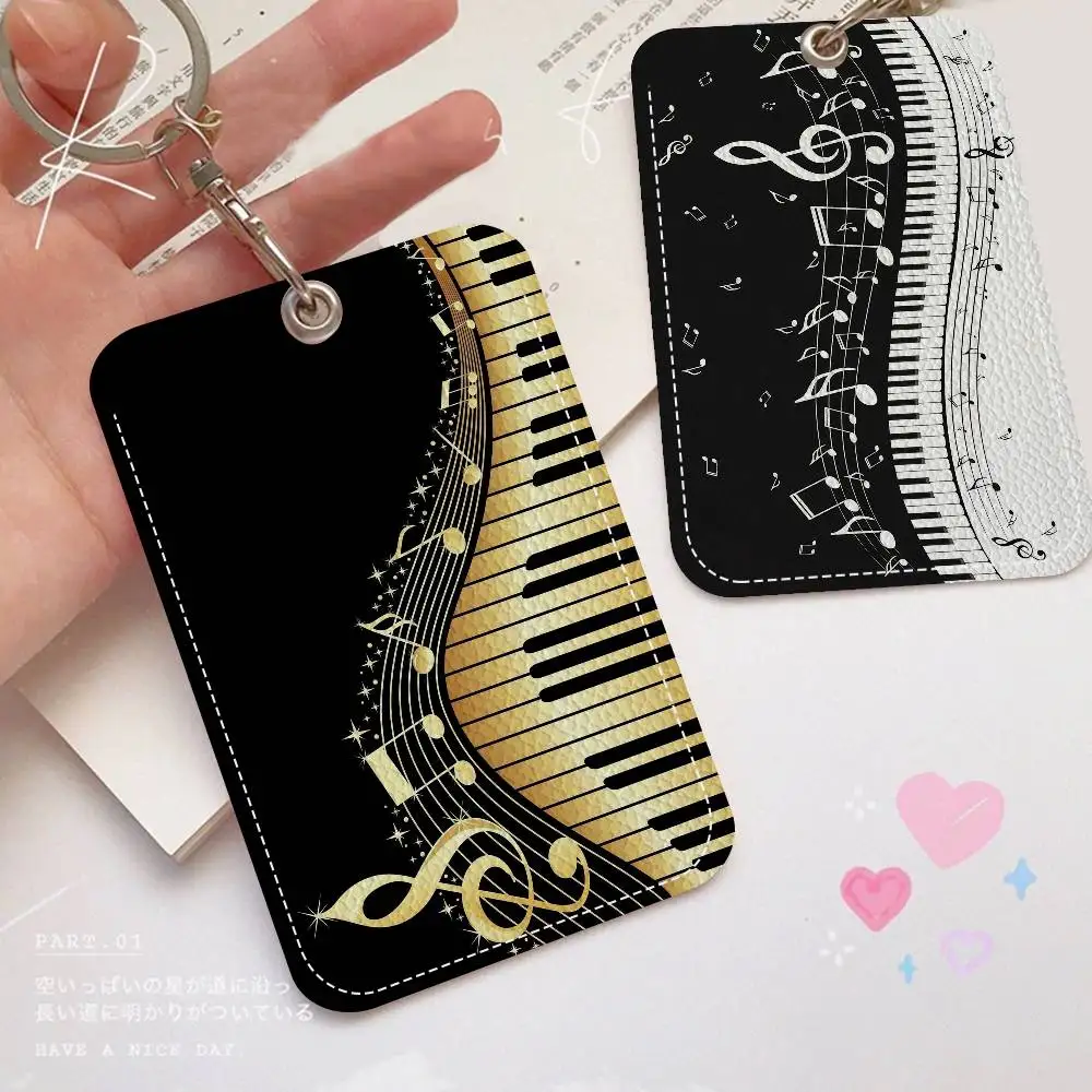 Vintage Cool Music Notes Piano Rectangle ID Card Case Keychain Access Card Bag Key Tag Ring Leather Card Holder Key Ring Access