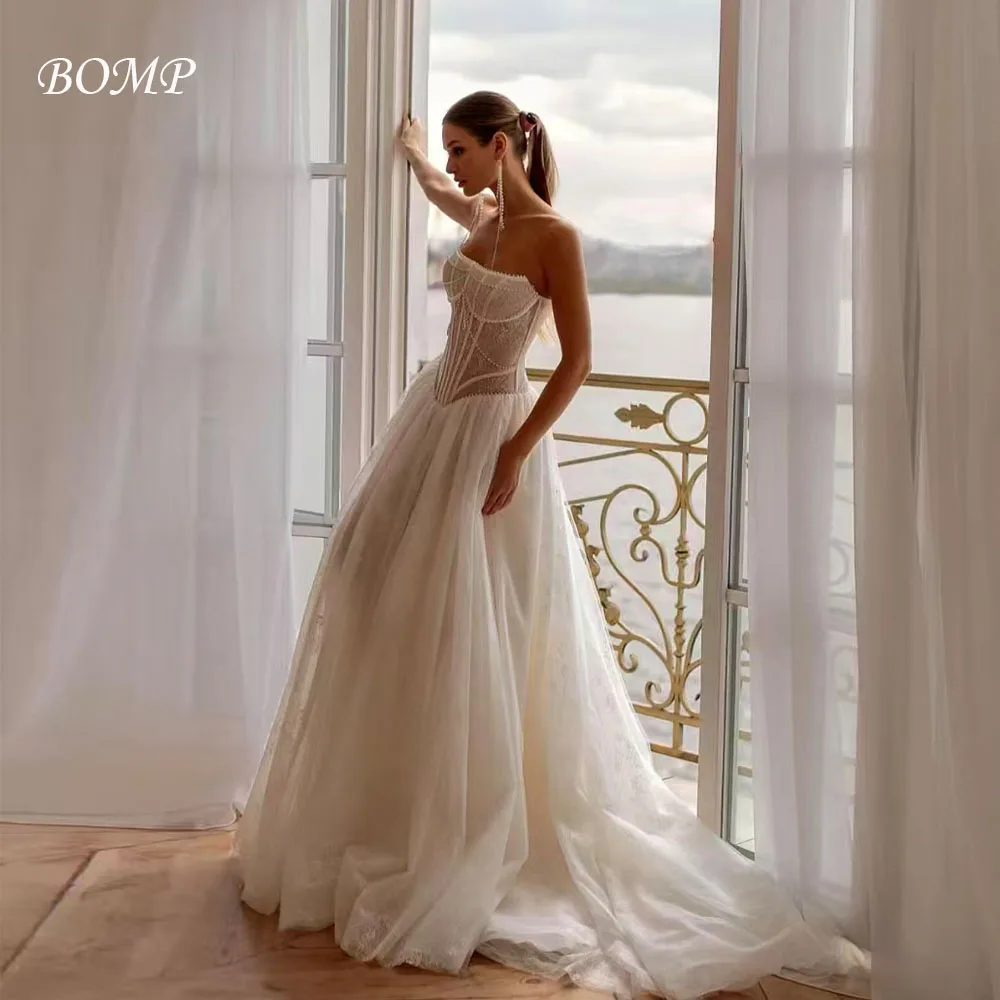 

BOMP Роскошное кружевное свадебное платье с жемчугом без бретелек с корсетом сзади и скользящим шлейфом Свадебное платье трапециевидной формы для женщин США по индивидуальному заказу Vestido de novia