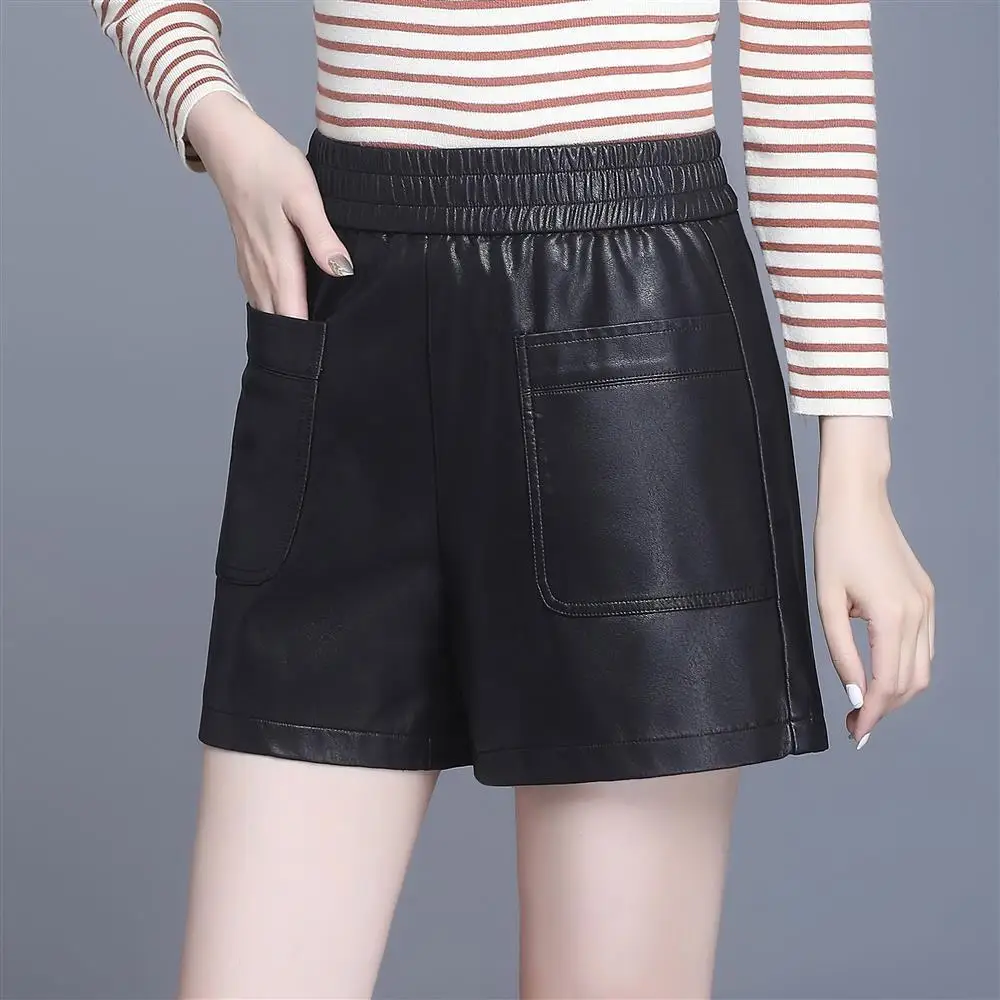 

2024 New Hot Elastic High Waist Women Black Pockets Sashes PU Leather High Waist Shorts with Pockets Pants Shorts Sexy T370