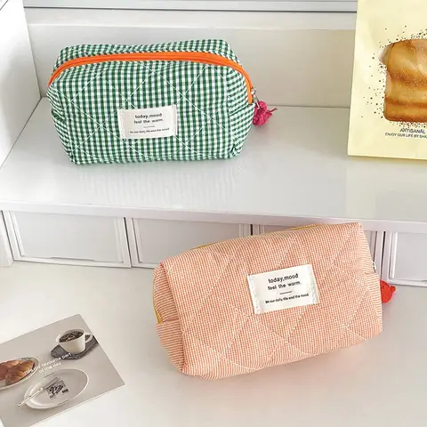 Quilted Plaid Girls Cosmetic Bags Retro Ladies Clutch Pencil Case Coin Purse Portable Travel Female Toiletry Storage Bag Handbag