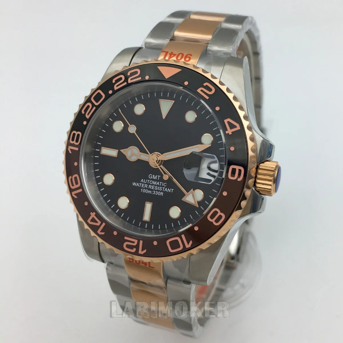 

40mm rose gold men's automatic diving watch with sapphire crystal luminous dial GMT NH34 DG3804 date window water-resistant10ATM
