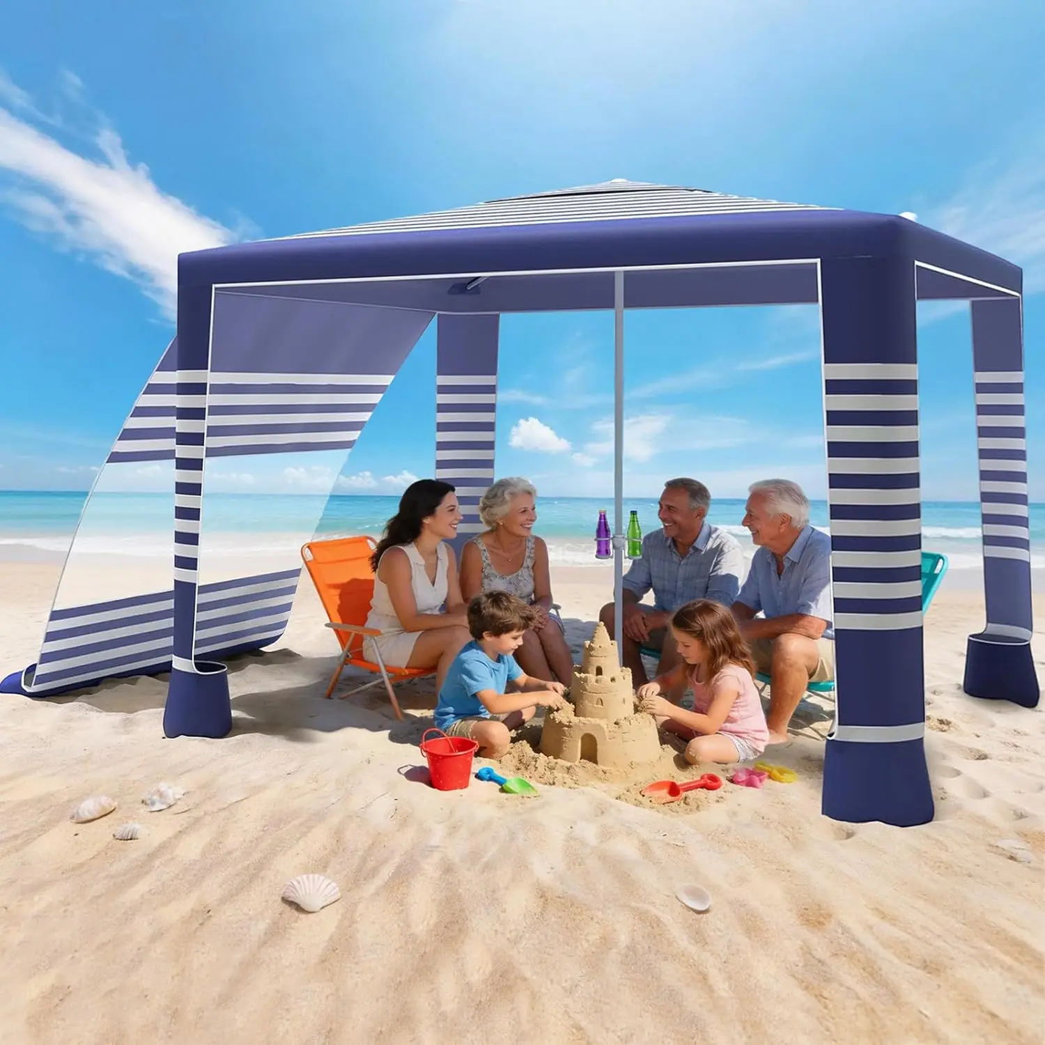 

Beach Cabana Tent with Sun Shade - 8'×8' UPF 50+ Large Beach Tent with Side Wall, 2 Cup Holder & Adjustable Height Foldable Outd