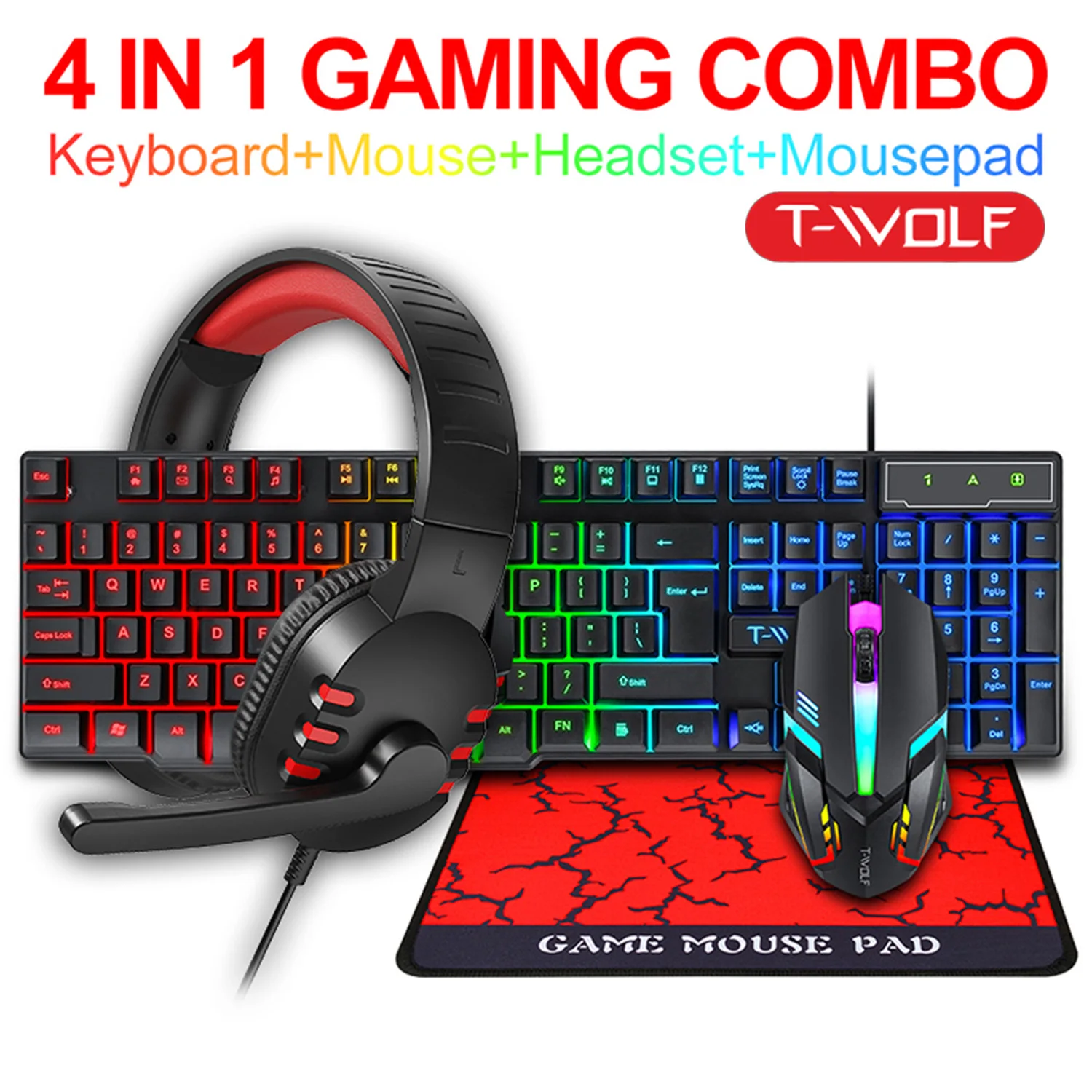 

T-WOLF TF800 Gaming Combo 104 Keys Keyboard 4-color Breathing Light Mouse 3.5mm Gaming Headset Anti-slip Mouse Pad 4-Piece Set