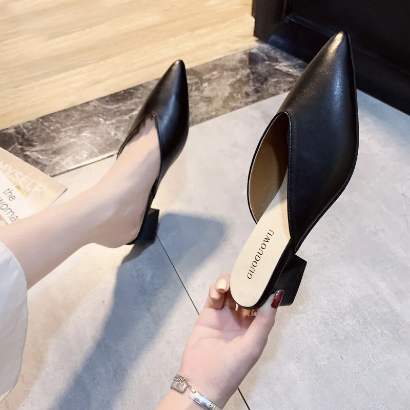 Pointed Slippers Women High Heels New Summer Shoes Fashion Luxury Square Heel Slides Slip Loafers Mules Black Female Party Shoes