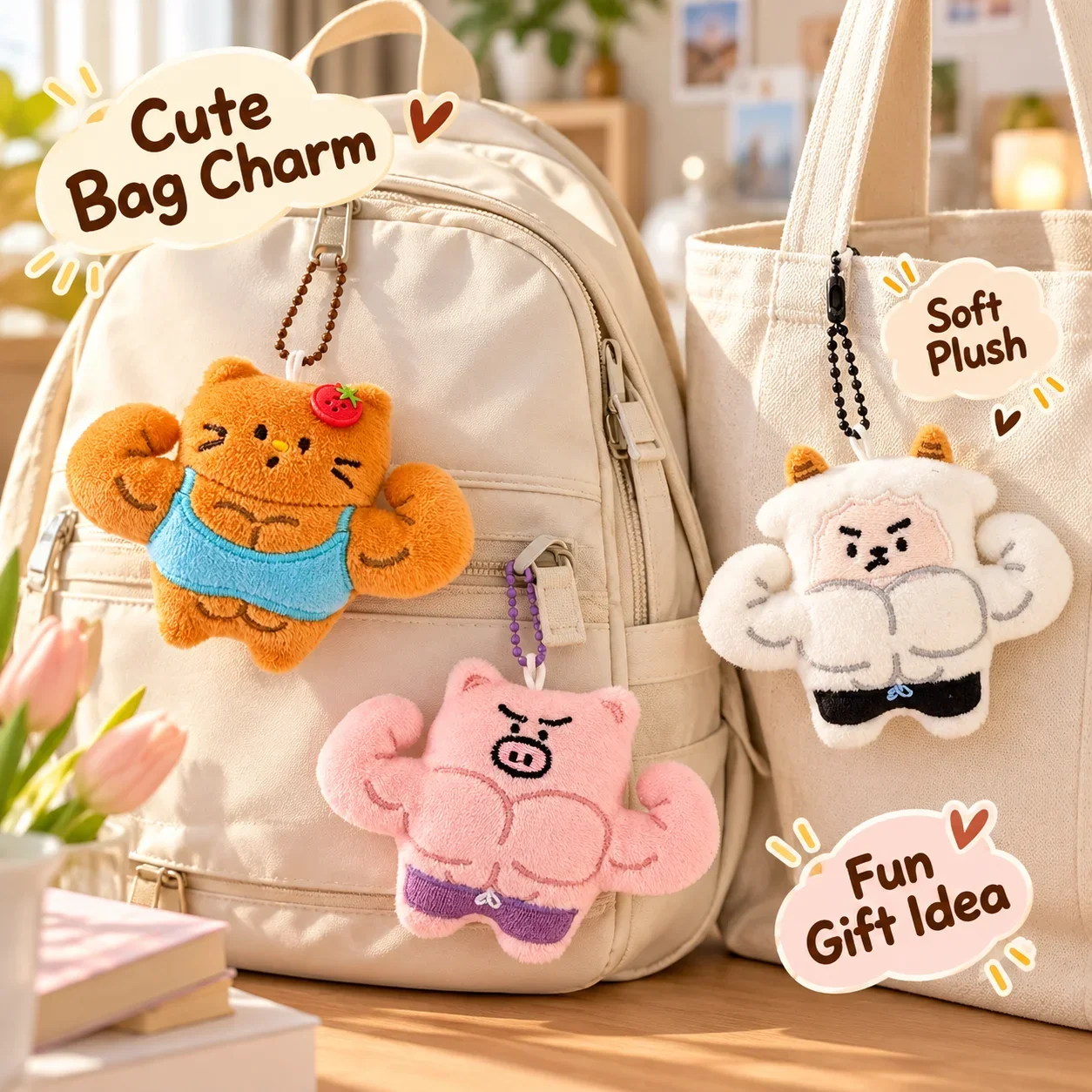 Muscle Animal Plush Keychain, Creative Fitness Series Design, Funny Backpack Charm for Gym