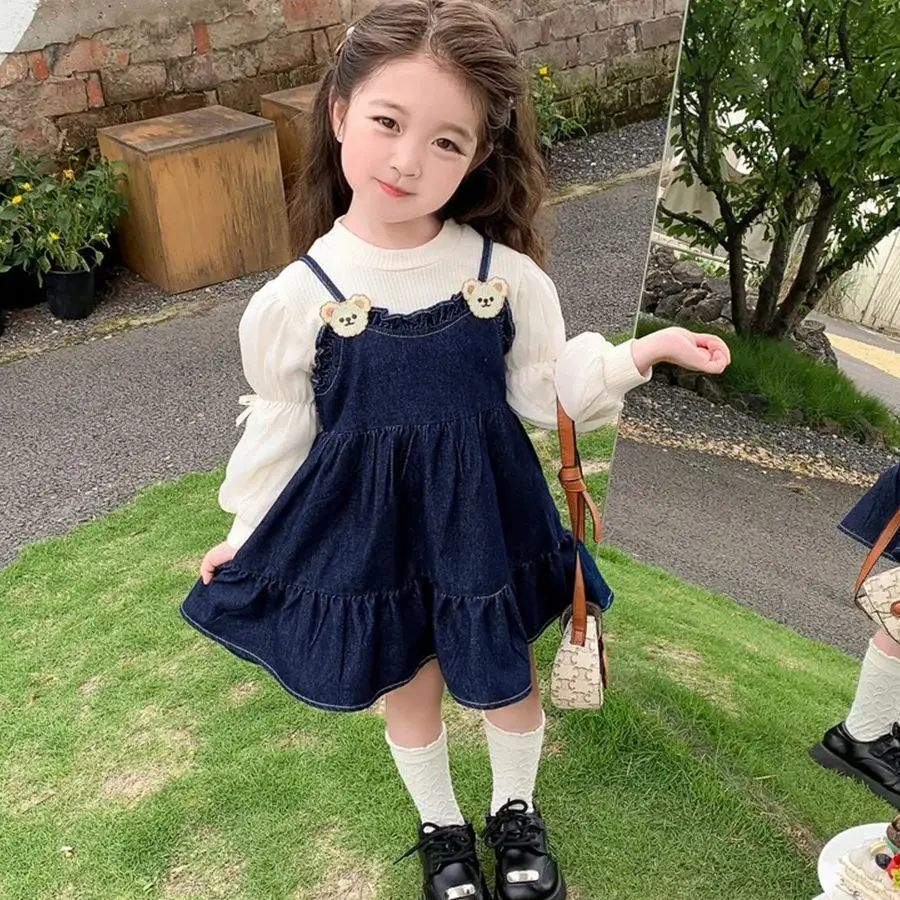 

Spring Autumn Princess Dress Baby Girls Korean Denim Suspender Ruffled Dress + Puff Sleeve Top 2PCS Set Long Sleeve Kids Clothes