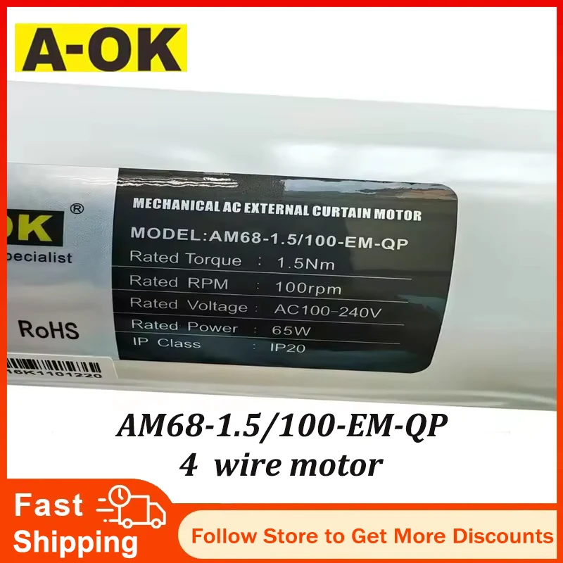 A-OK AM68 1.5N 65W 4 Wire Curtain Motor,Wall Switch/485 Control/Dry Contact Control,100-240V 50/60HZ,Smart Quiet Curtain Motor