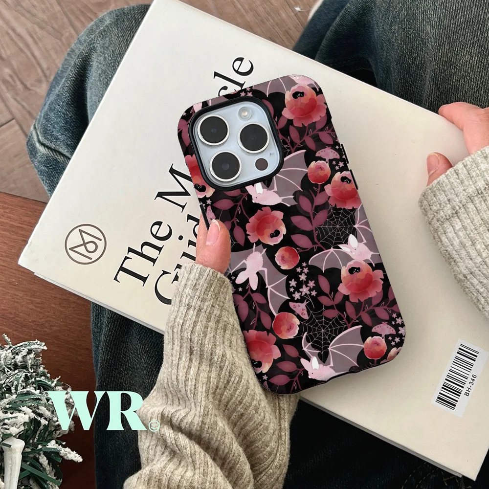 Pastel Bat Floral Black Background Phone Cases Film Shell For IPhone 16 15 14 13 12 11 Pro Max Plus