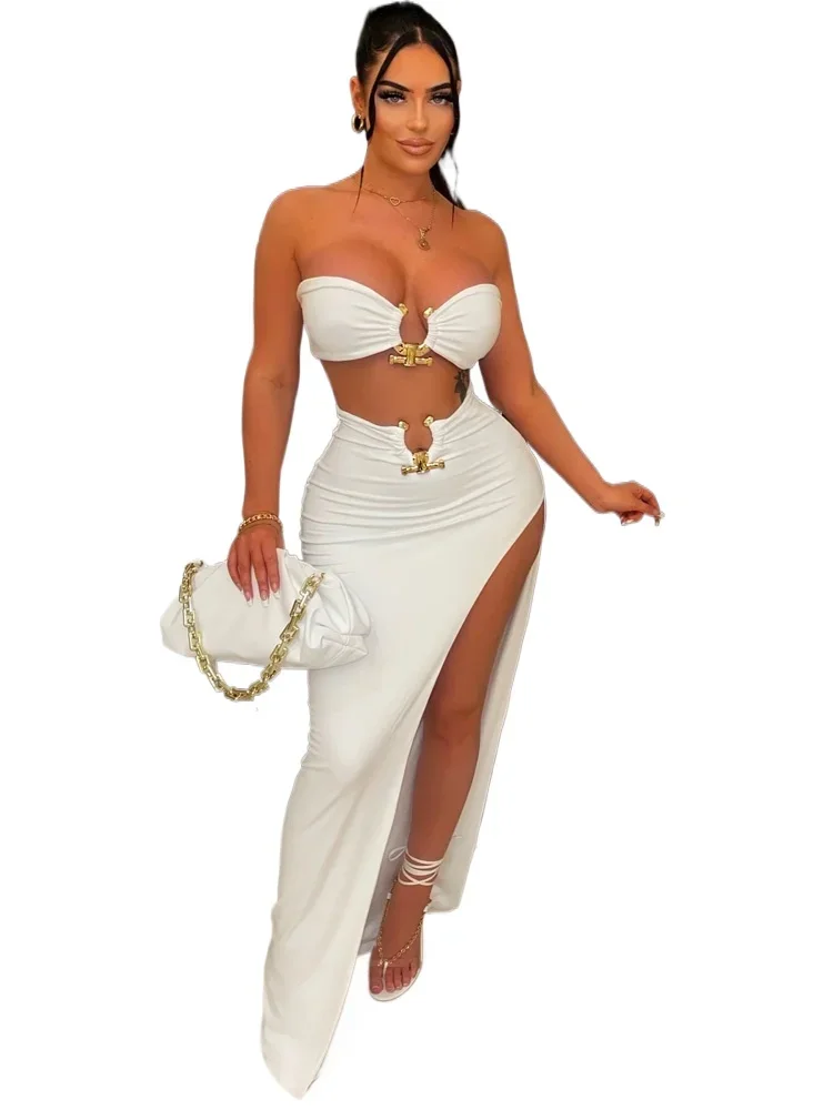 New Chic Gold Ring Bandeau Slit Skirt Two-Piece Set Womens Beautiful Off Shoulder Matching Skirt Set Nightclub Outfits 2025